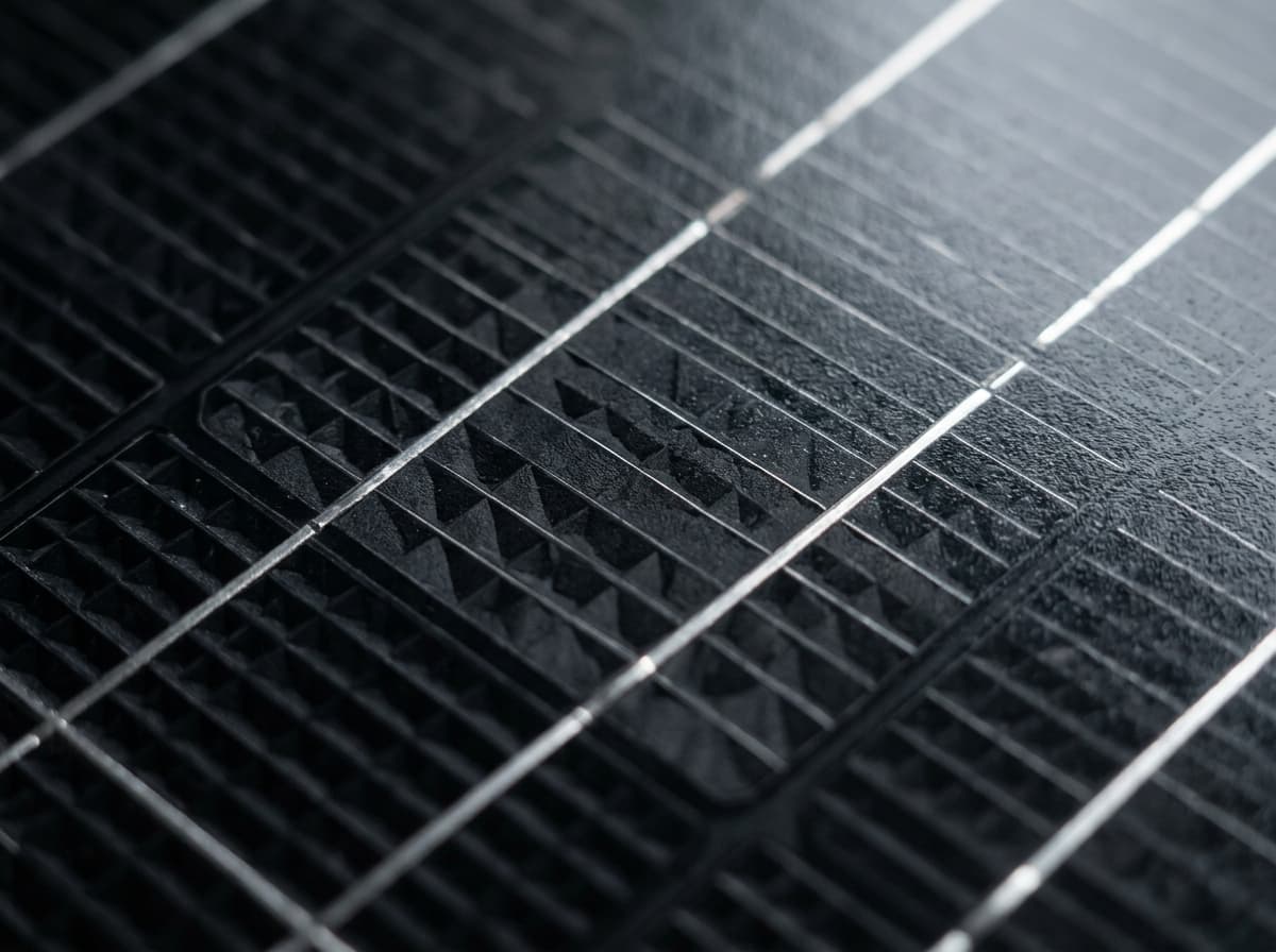 Close view of dark solar panel cells and fine conductive lines