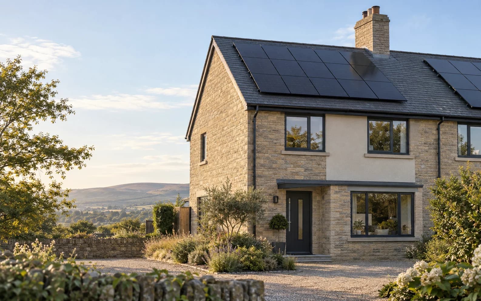 Illustrative British home with an all-black solar panel array