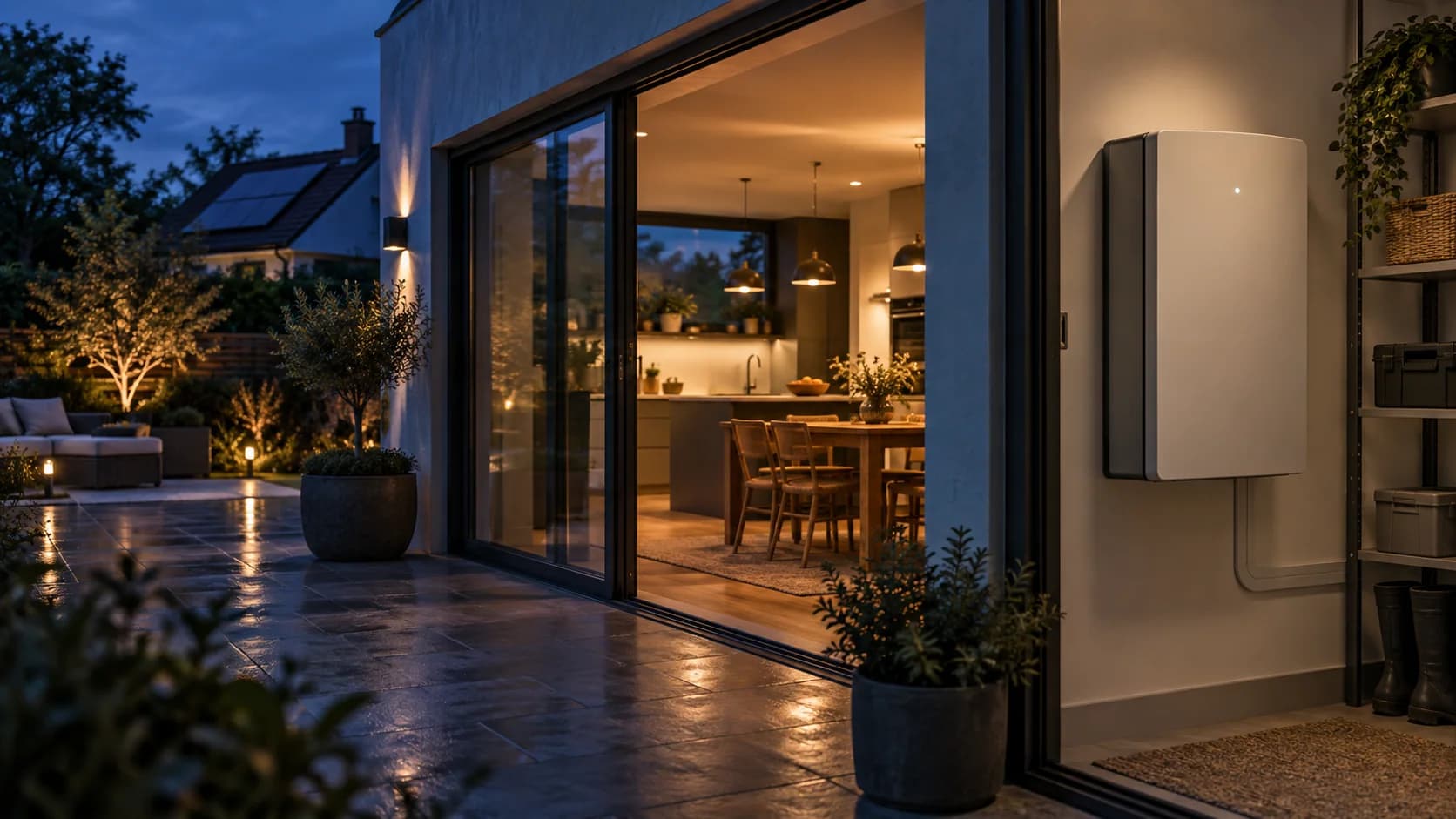 Illustrative home battery installation beside a warmly lit British home at dusk