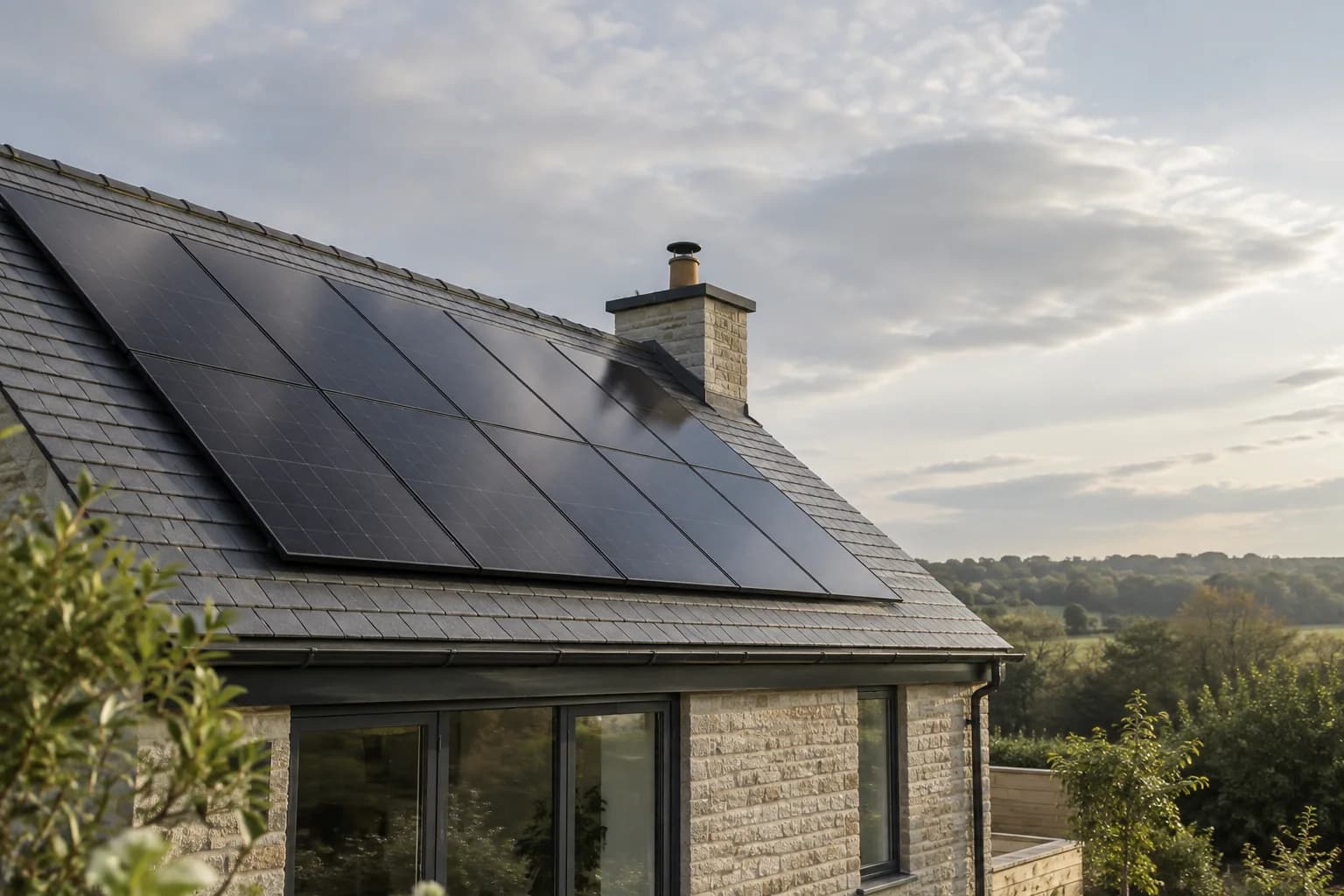 Illustrative all-black solar panel array mounted on a slate roof